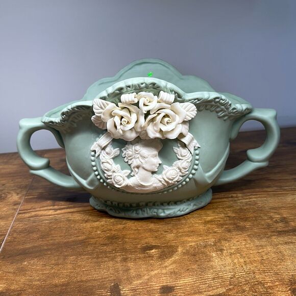 Mint Green Jasperware Planter vase Cameo With Roses floral lady handles large - Picture 1 of 8